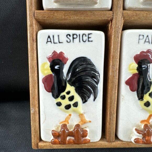 Spice Rack Vintage MCM 1950's Ceramic and Wood Roosters 4 Total Shakers - Picture 5 of 16